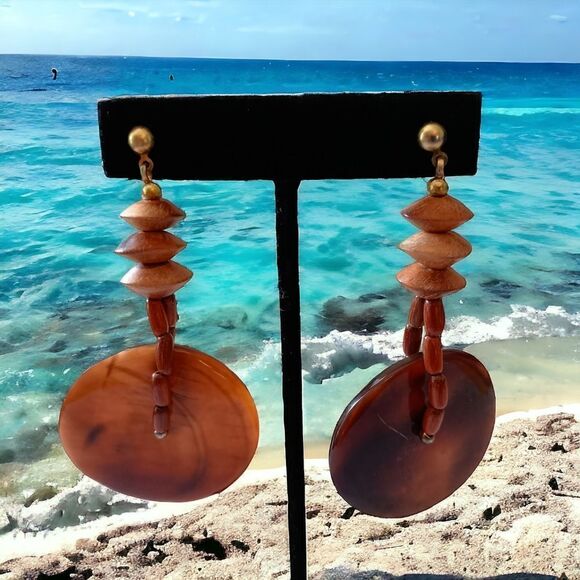 Vintage Jewelry - Wooden Beaded Shell Earrings Drop‎ Dangle Bohemian Tribal Ethnic Hippie Gypsy